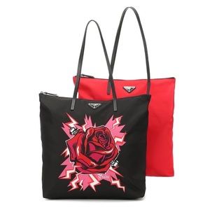 Prada Tessuto Nylon & Saffiano Leather Twin Shopper in Black & Red, Set of 2